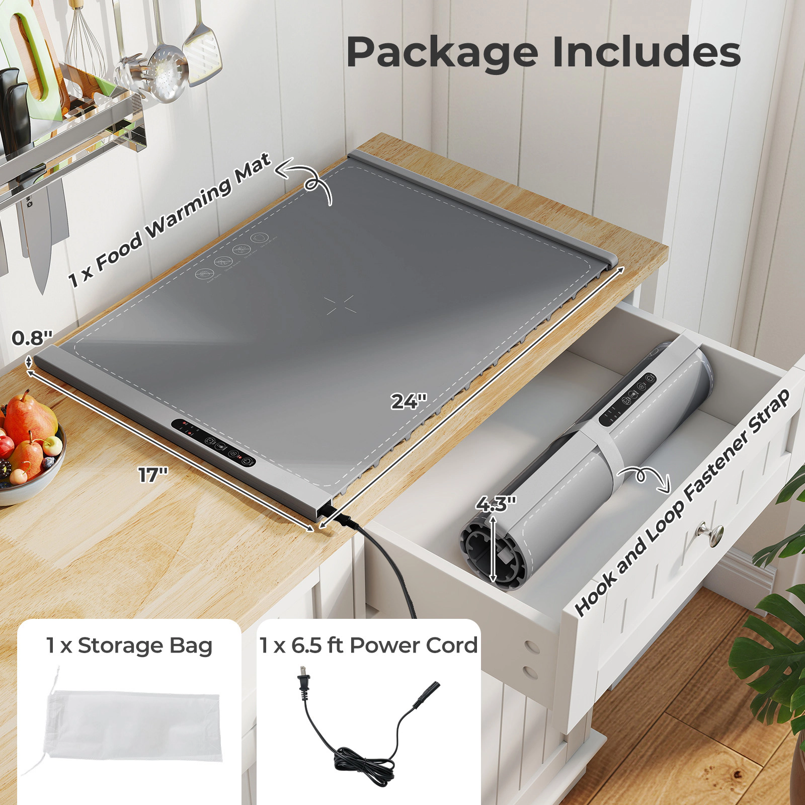 SUGIFT Gray Rollable Electric Food Warming Mat with 3 Heat Settings and Timer 260W 24-in W 17-in D 0.8-in H