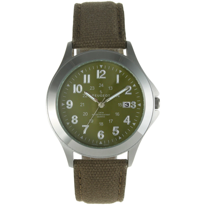 Peugeot Men 40mm Military Dial Calendar Canvas Strap Watch