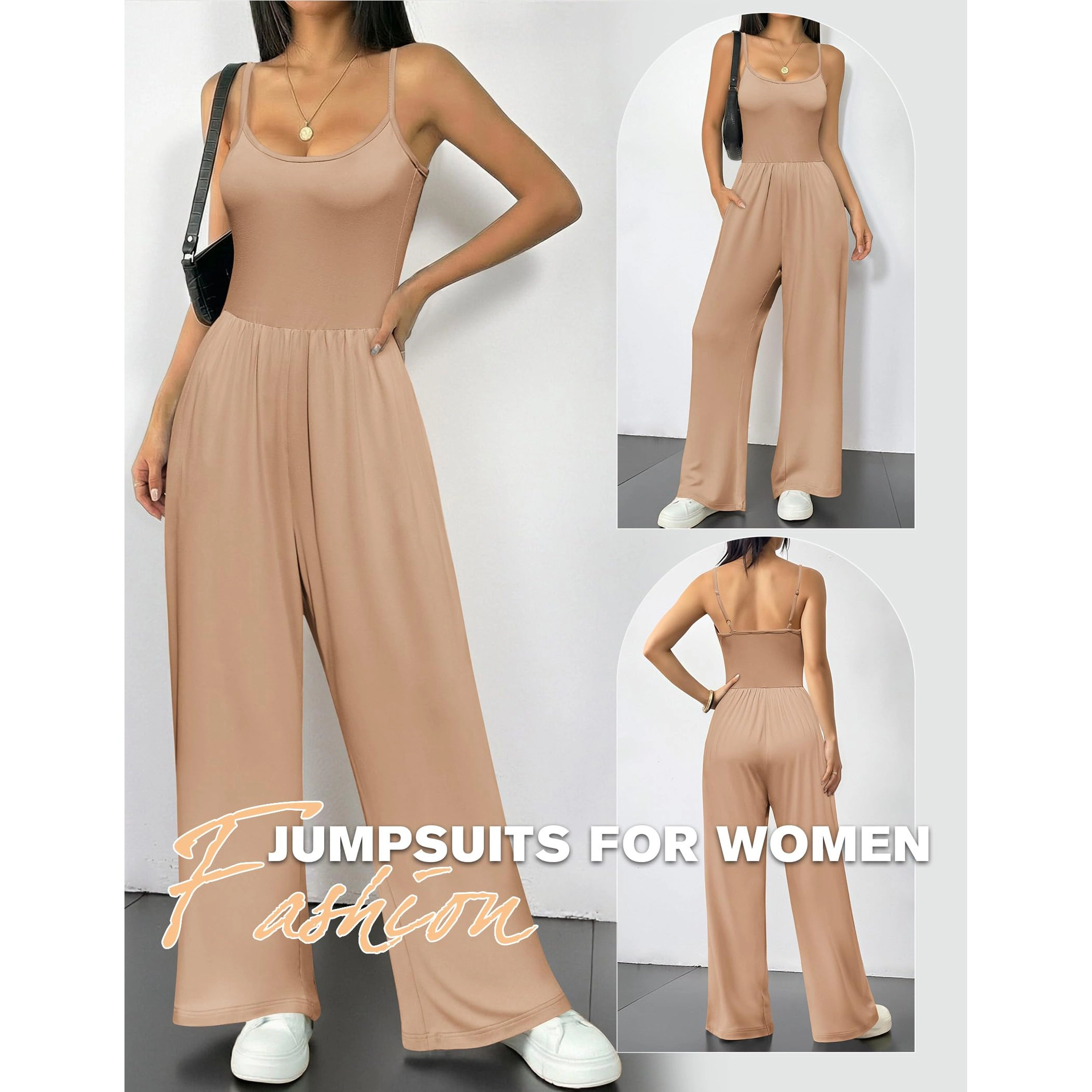 Ekouaer Women's Scoop Neck Spaghetti Strap Wide Leg Jumpsuit
