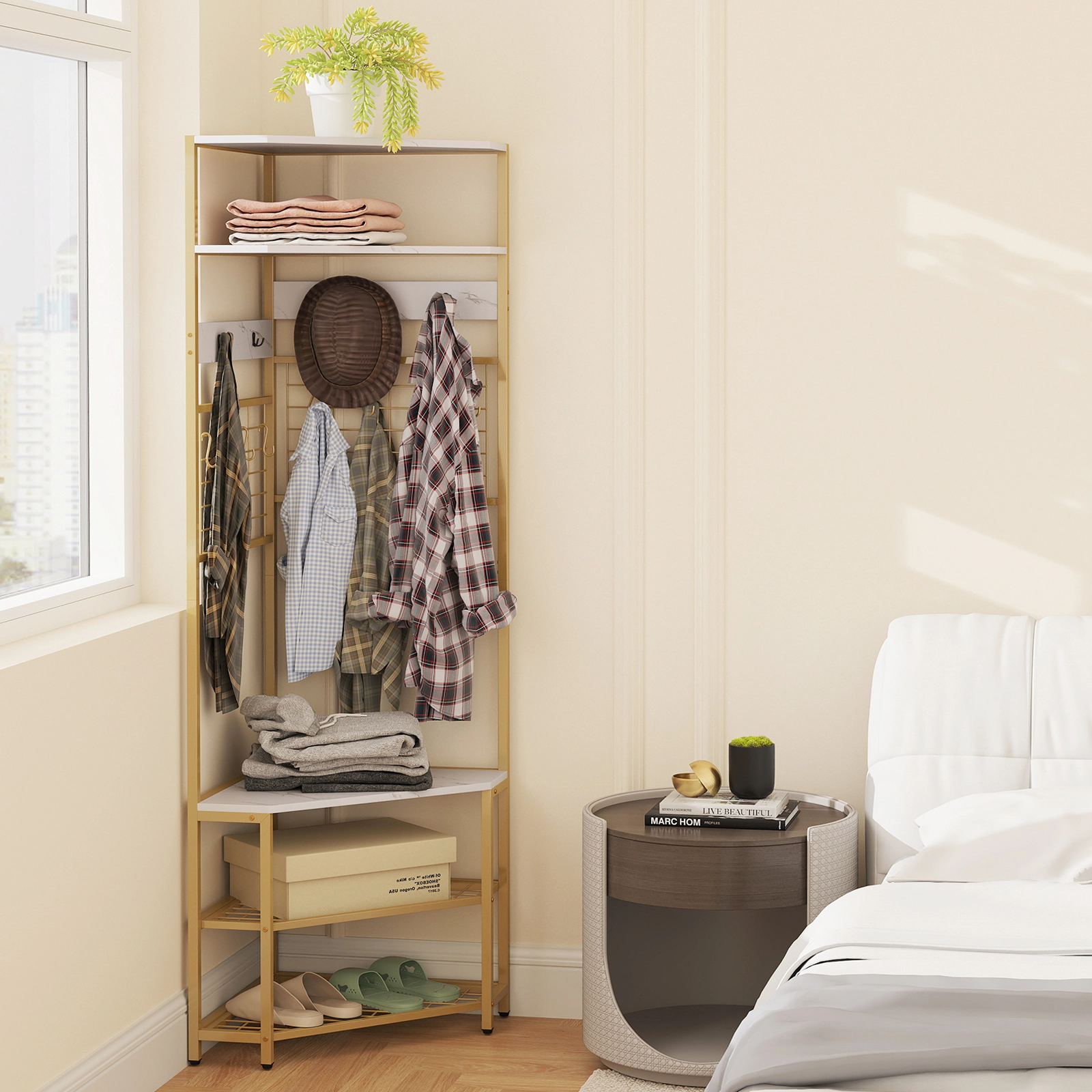 SUGIFT 5-Tier Corner Hall Tree White with Shoe Storage Bench and 8 Removable Hooks