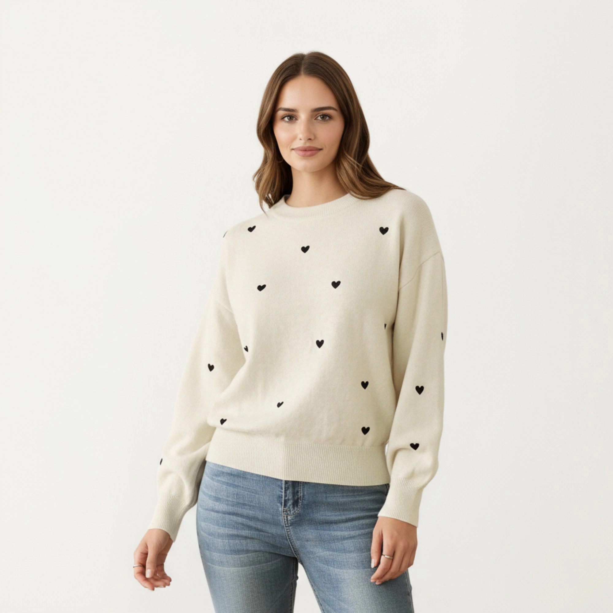 Anna-Kaci Women's Long Sleeve Heart Pattern Valentine Knit Sweater with Ribbed Trim