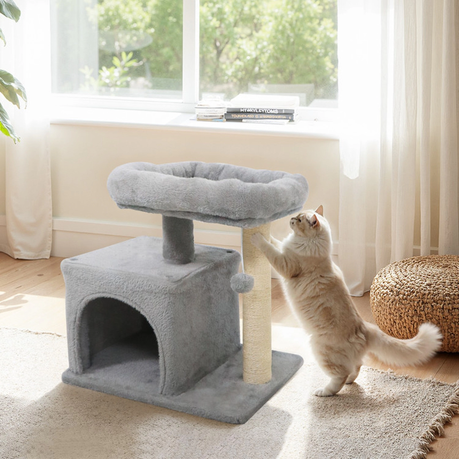 SUGIFT Light Gray Small Cat Tree with Large Padded Plush Perch and Bottom Condo