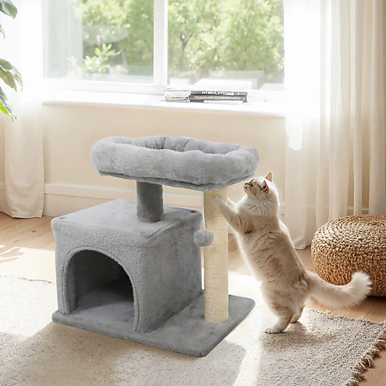 SUGIFT 19.5-in Light Gray Small Cat Tree Tower with Large Padded Plush Perch and Bottom Condo 22-lb Top Perch