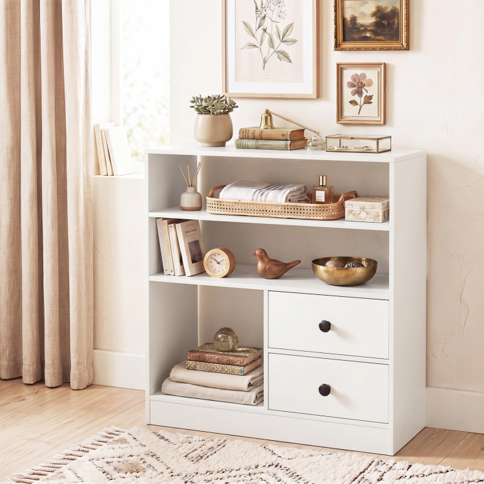 SUGIFT Open Storage Cabinet with 3 Open Compartments and 2 Drawers Accent Table 44-lb Countertop Capacity White Black