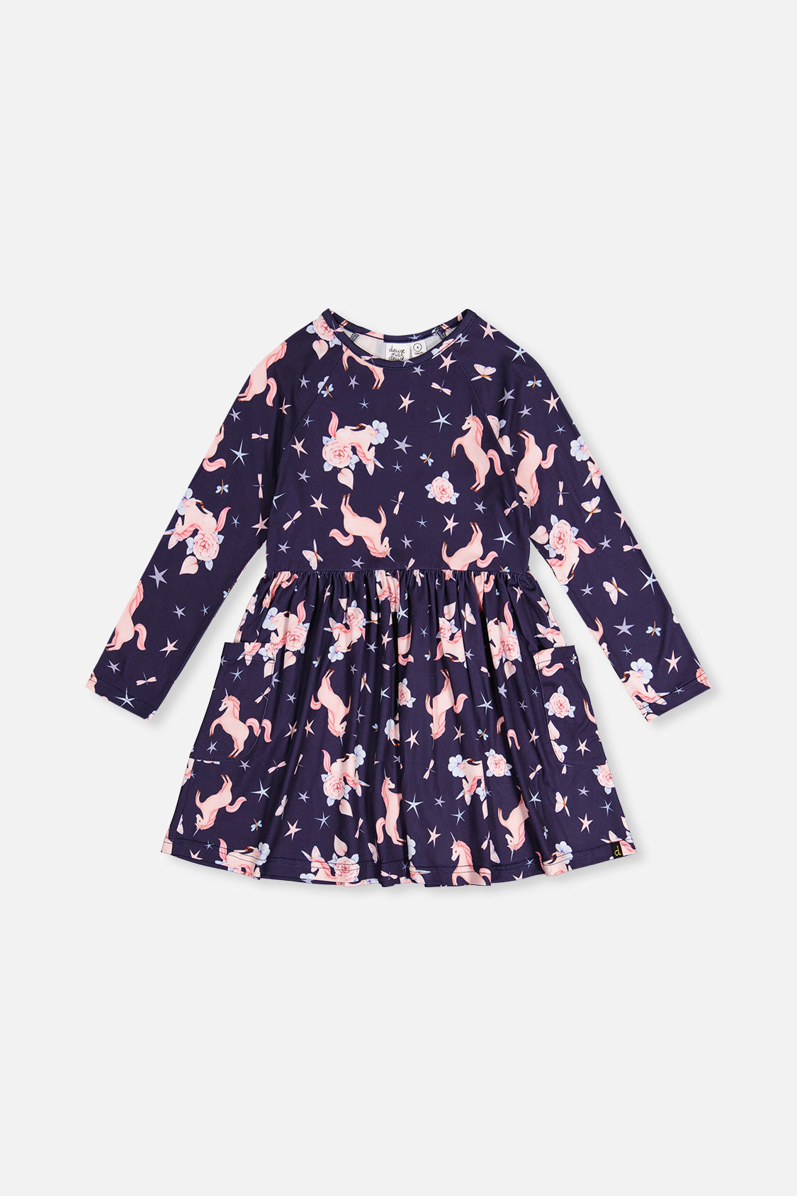 Deux par Girls Unicorn Print Long Sleeve Empire-Waist Dress