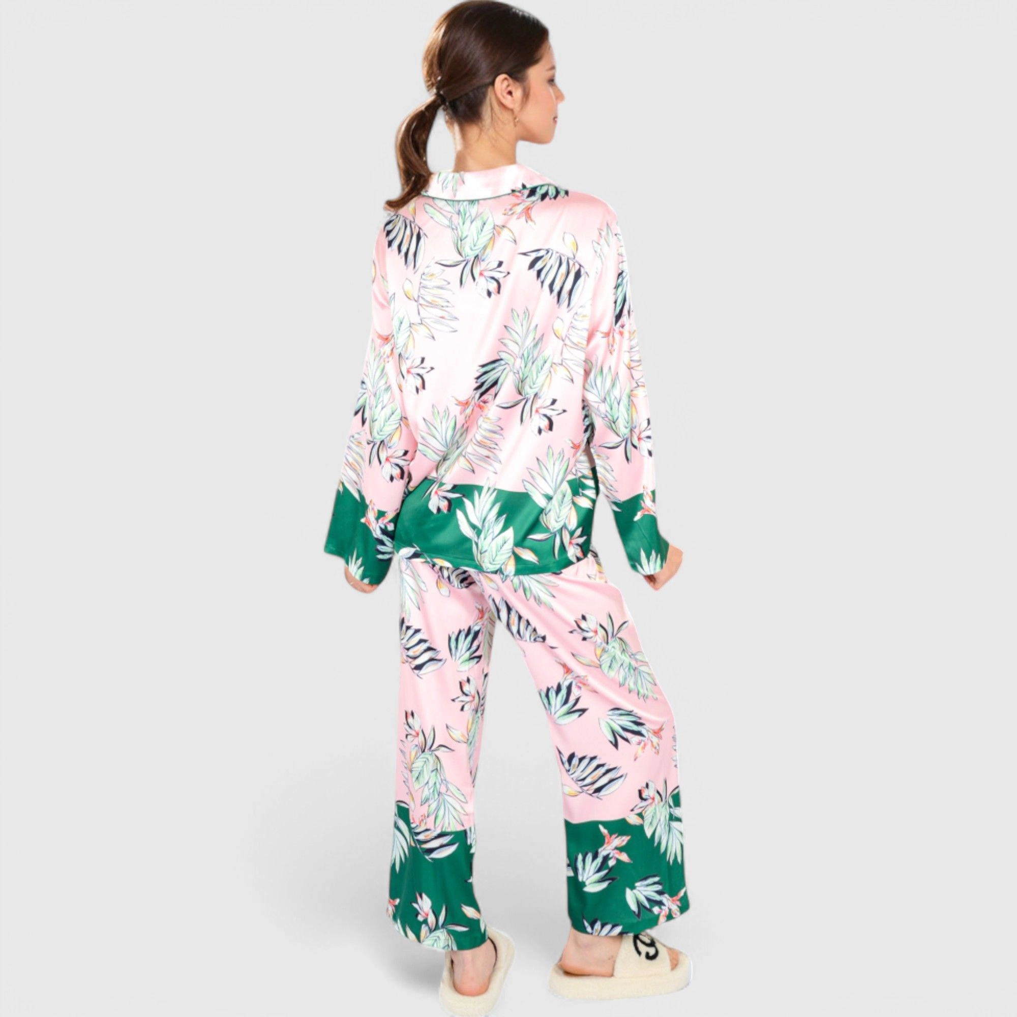 Anna-Kaci Women's Floral Satin Pajama Set with Button Up Long Sleeve Top and Matching Pants