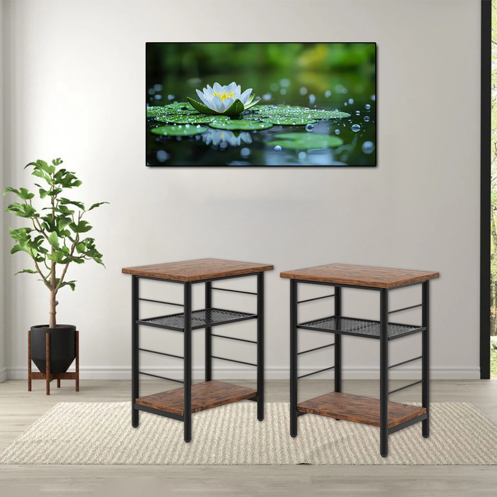 Hivvago Set of Two 3-Tier Accent Tables with Metal Frame and Integrated Storage Shelves