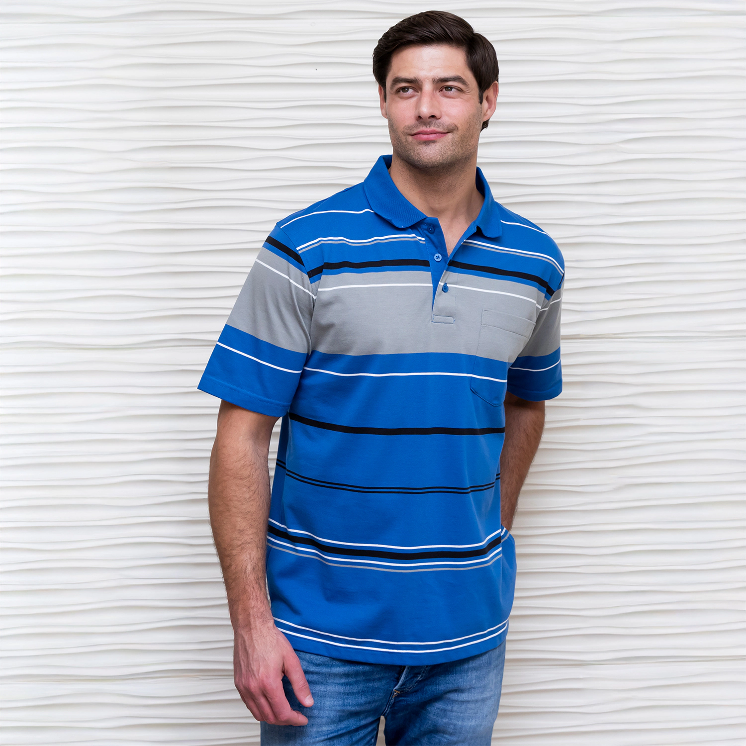 Gioberti Mens Multiple Stripe Polo Shirt With Pocket - Short Sleeve Yarn Dye
