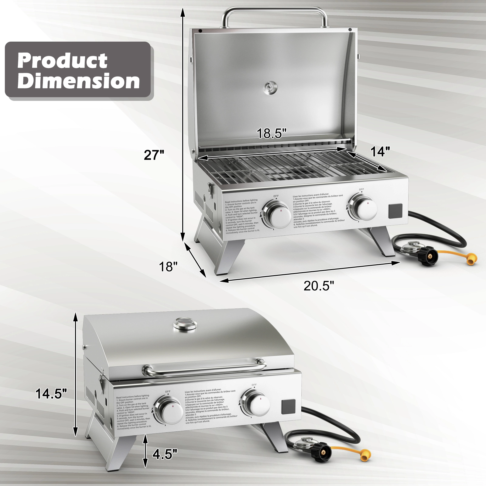 SUGIFT Dual 10,000 BTU Stainless Steel Propane Grill with Lid Portable Gas Grill Silver