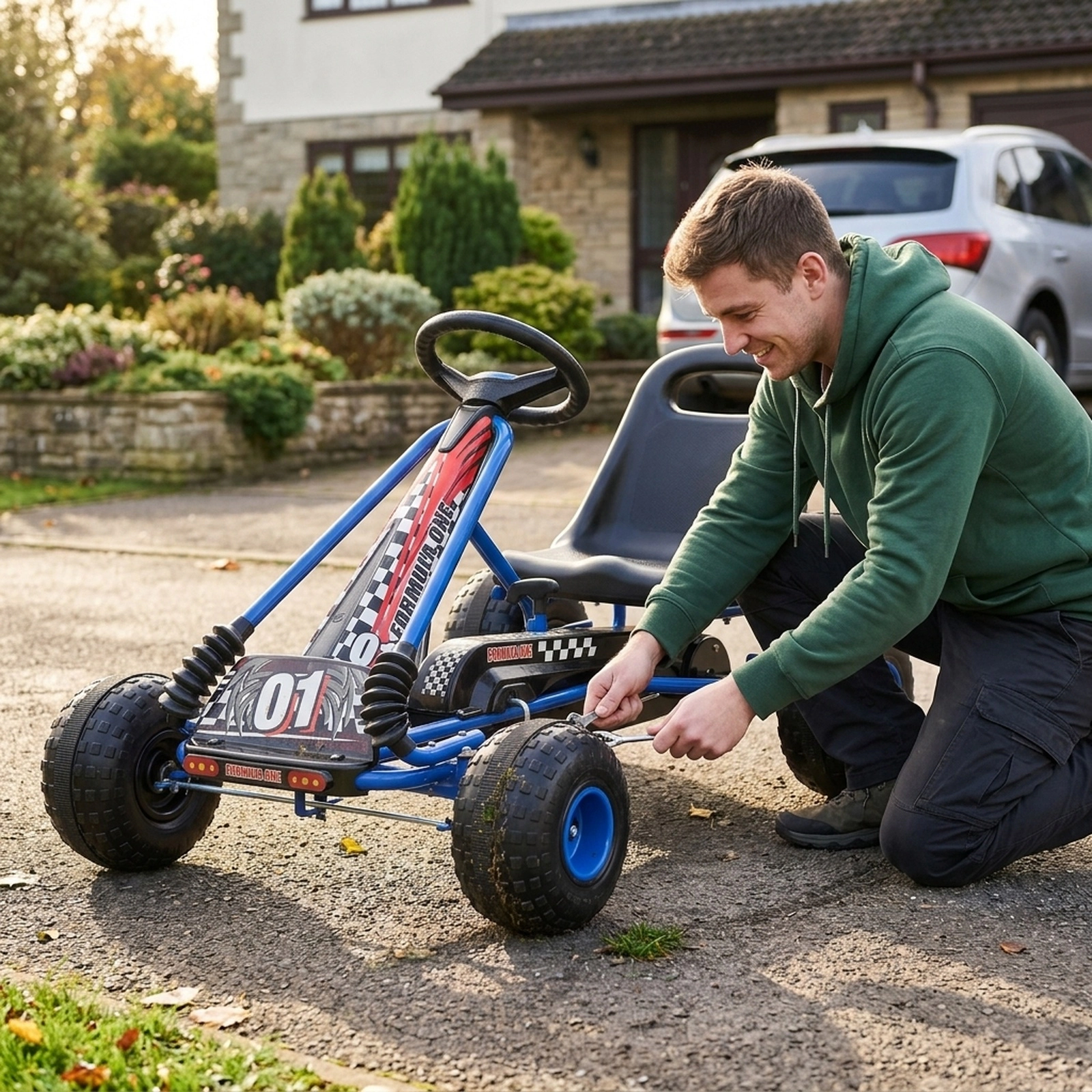 4-Wheel Kids Pedal Go Kart Low Center of Gravity Dual Clutch Modes Hand Brake Multi-Terrain Wheels Ages 3-8 Blue