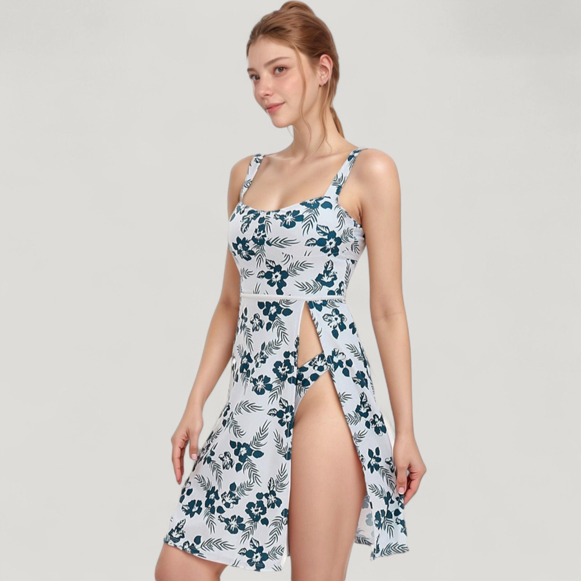 Anna-Kaci Women's Two-Piece Floral Swimsuit - Sleeveless Dress Overlay, High-Waist Bikini