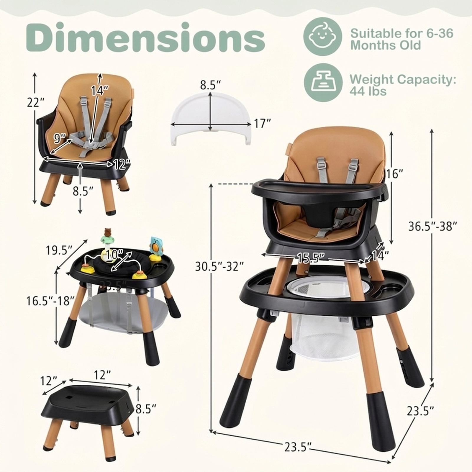 SUGIFT 16-in-1 Convertible Baby High Chair Activity Center & Booster Seat 44-lb Capacity Ages 6 Months-3 Years Black