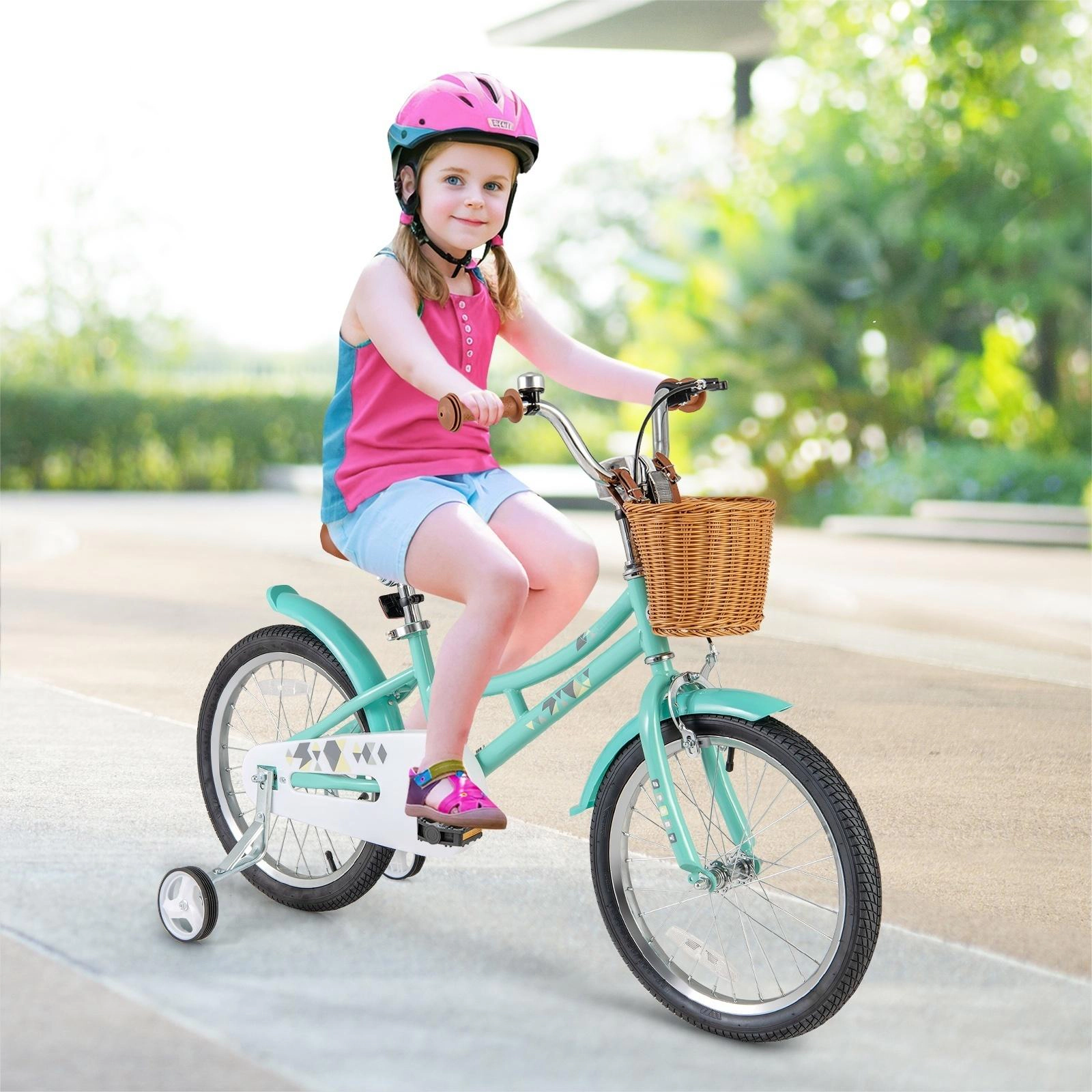 SUGIFT Green Training Wheels Storage Basket Kickstand and 2 Brake System Kids 18 Inch Bike