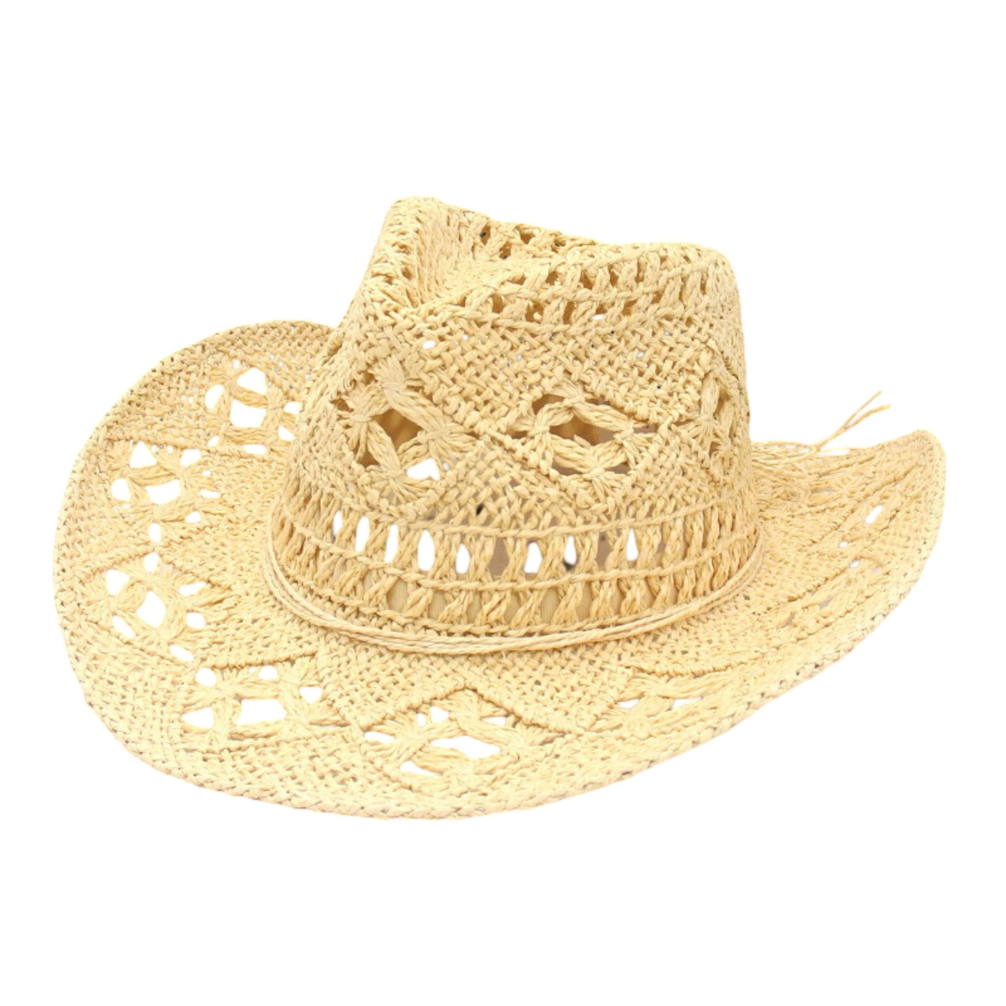 Anna-Kaci Women's Open Weave Western Sun Hat with Wide Brim and Boho Floral Pattern