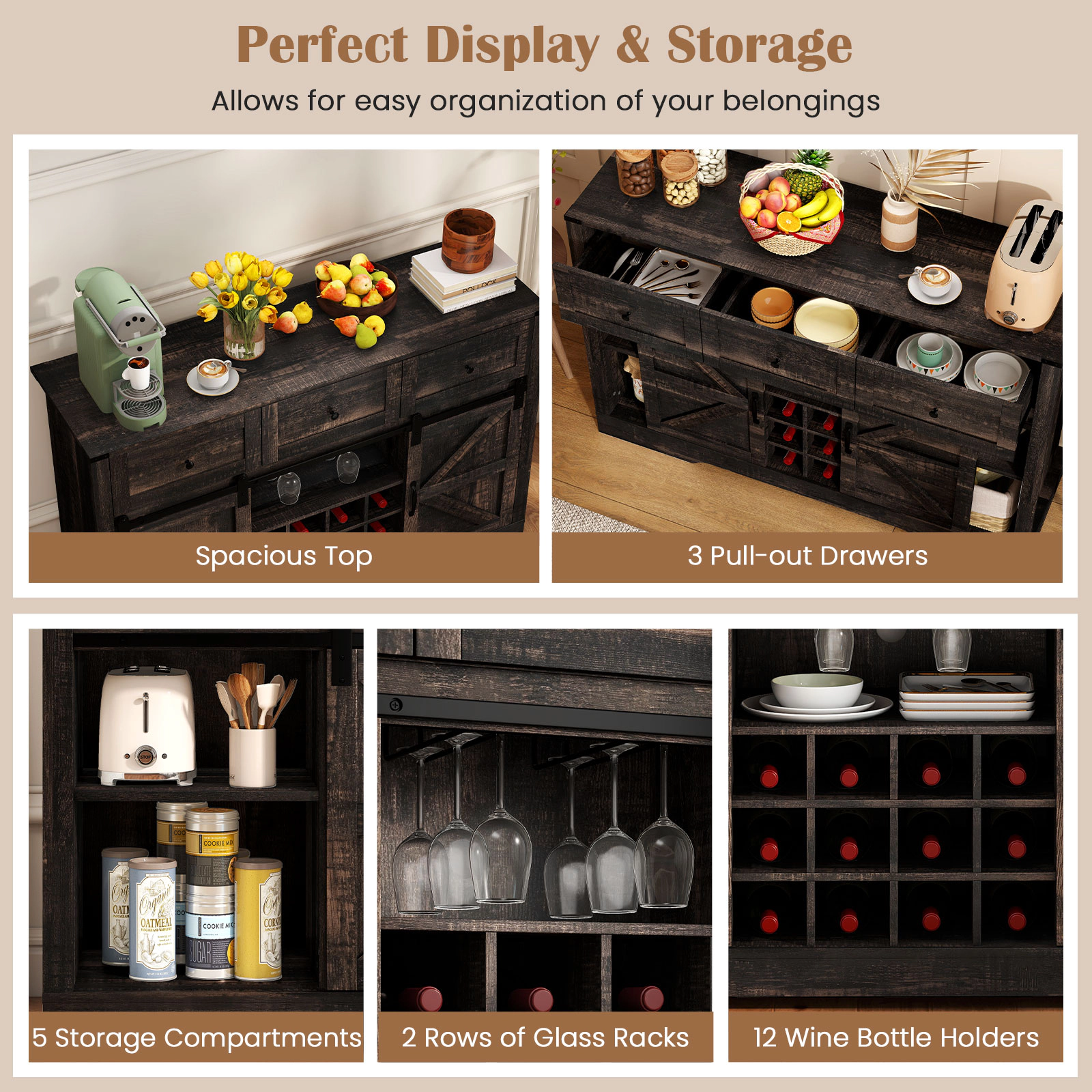 Glintex 52-Inch Wine Bar Cabinet with LED Lights and Sliding Barn Doors