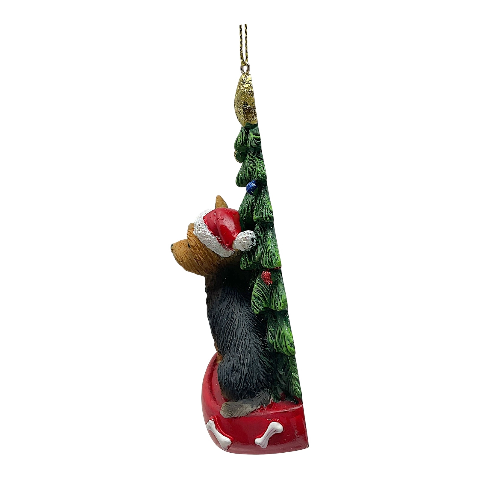 Kurt Adler Yorkshire Terrier Dog with Santa Hat and Christmas Tree Resin Ornament 4.25 inch