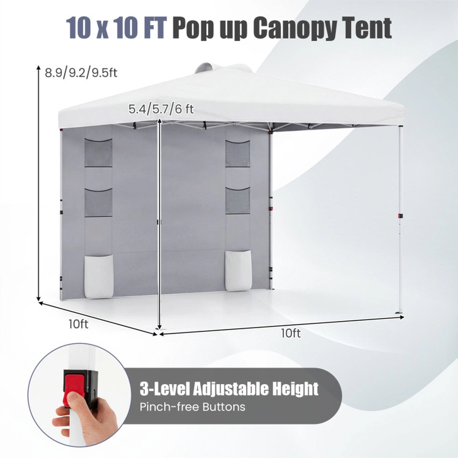 SUGIFT 10 ft x 10 ft White Pop-Up Canopy Tent, Adjustable Height, Sidewall and Storage Pockets