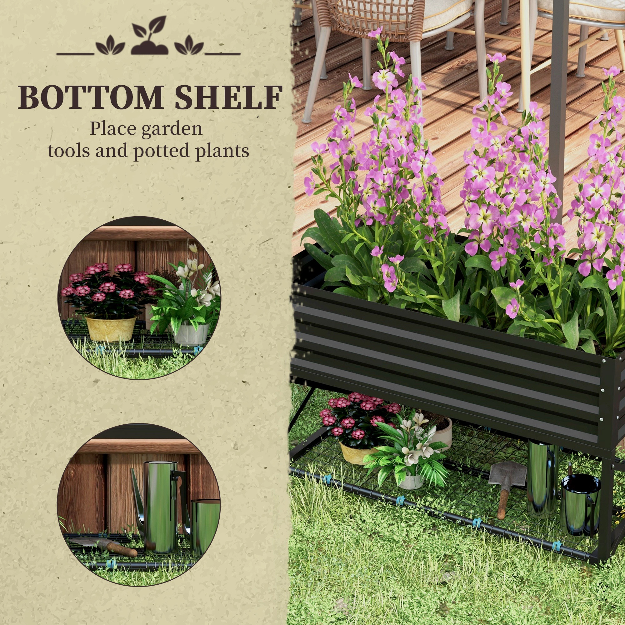 HONGGE Galvanized Raised Garden Bed, Metal Planter Box with Legs, Storage Shelf and Bed Liner