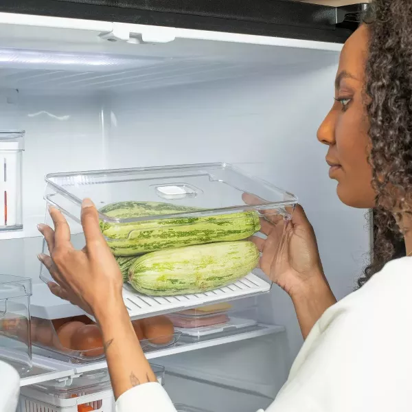 OU Fridge Organizer Bins w/ Drain Basket & Vented Lids, Clear Stackable Storage Container, BPA Free, 2 Pack (5.3qt Each)