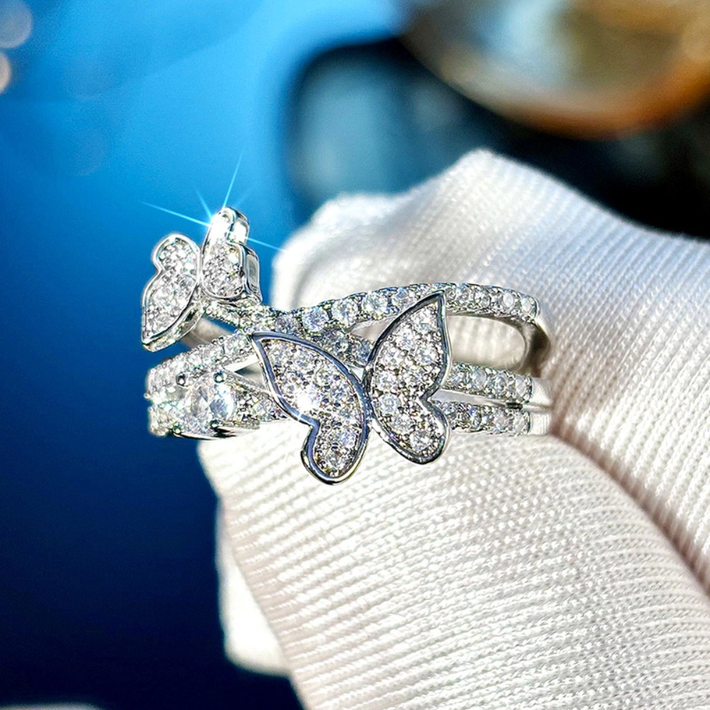 Wardrobe Whimsy Butterfly Cubic Zirconia Intertwined Band Ring Dainty Fashion Statement Jewelry
