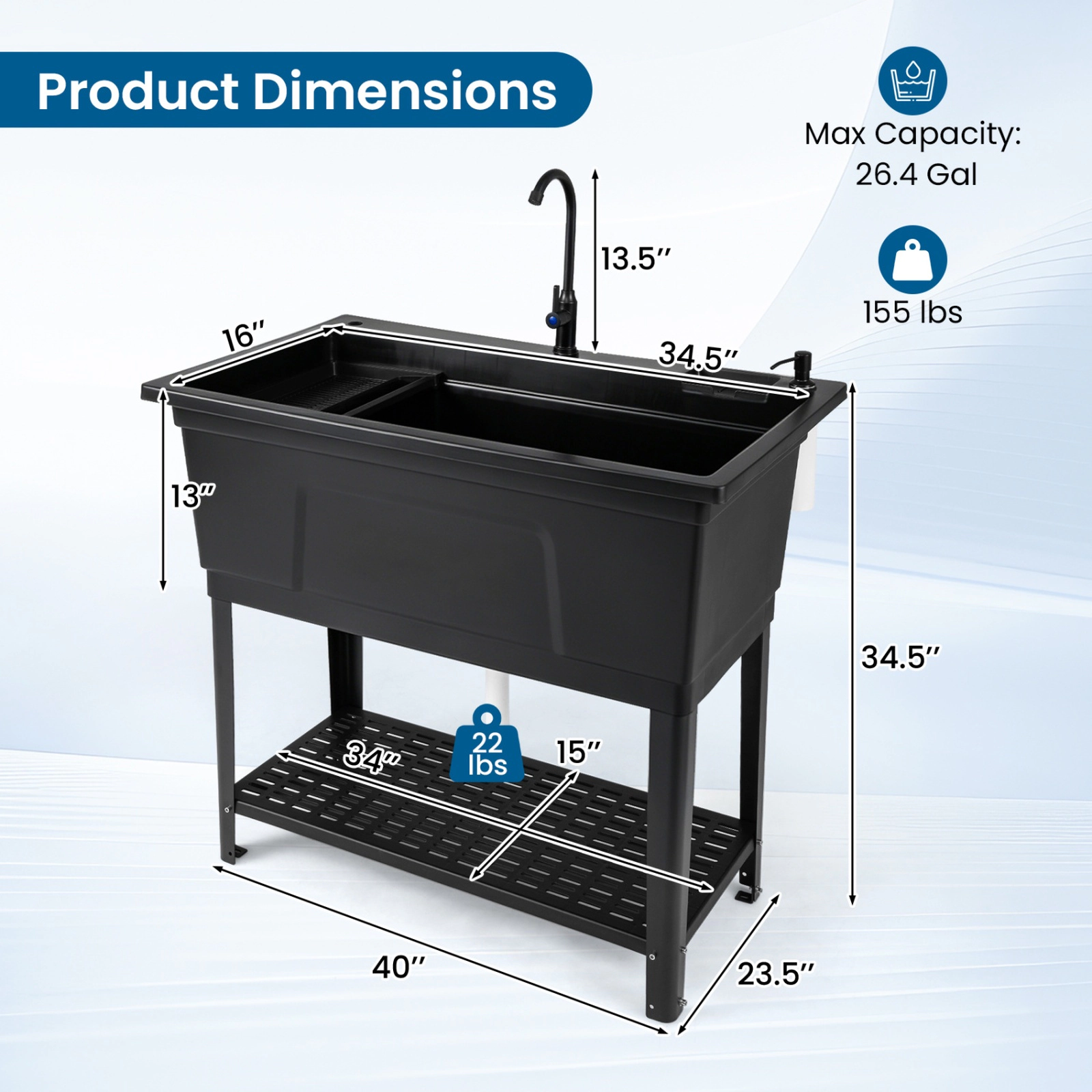 SUGIFT Freestanding Rotating Faucet Storage Shelf Utility Sink Laundry Tub 40-in x 23.5-in x 48-in 155-lb Basin Black