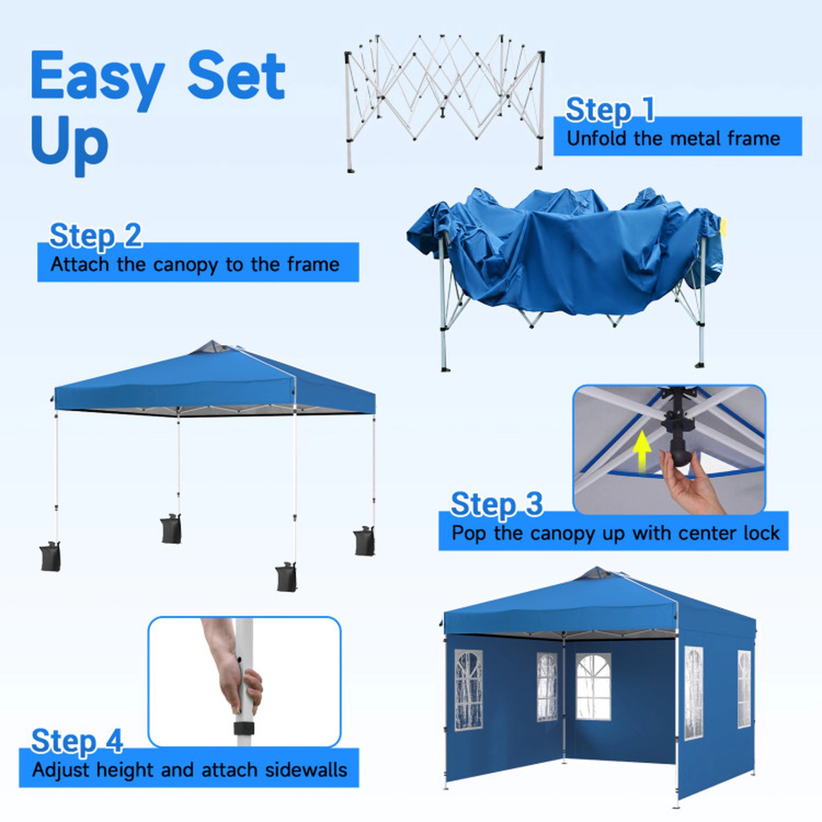 SUGIFT Blue Adjustable Pop Up Canopy Tent with 4 Removable Sidewalls and Carry Bag 10-ft W 10-ft D 8.5-ft H