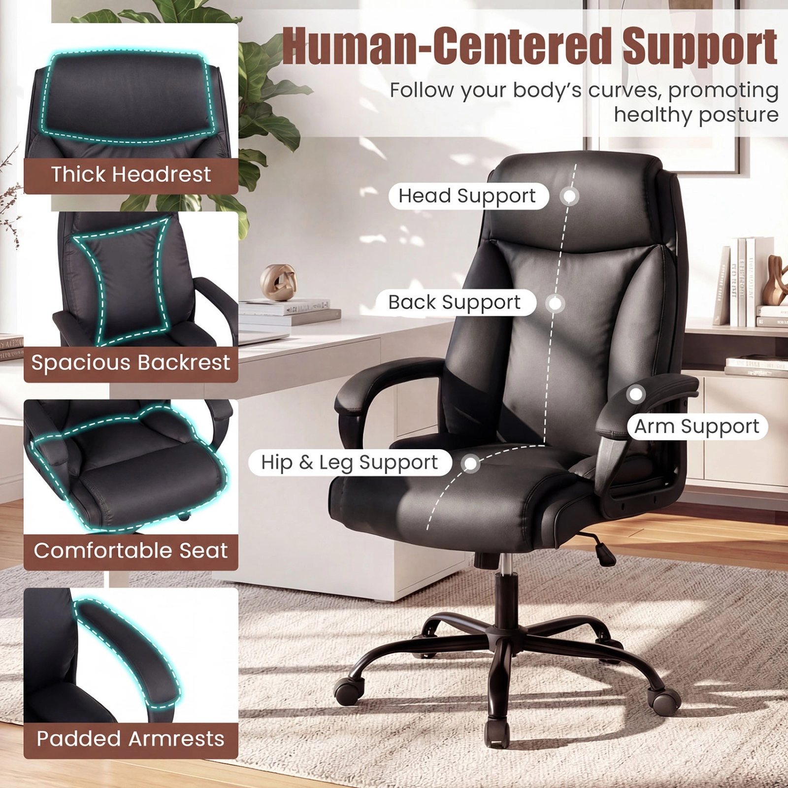SUGIFT Big and Tall Executive Office Chair, 400 lb Capacity, PVC Leather, Wide High Back, Brown/Black