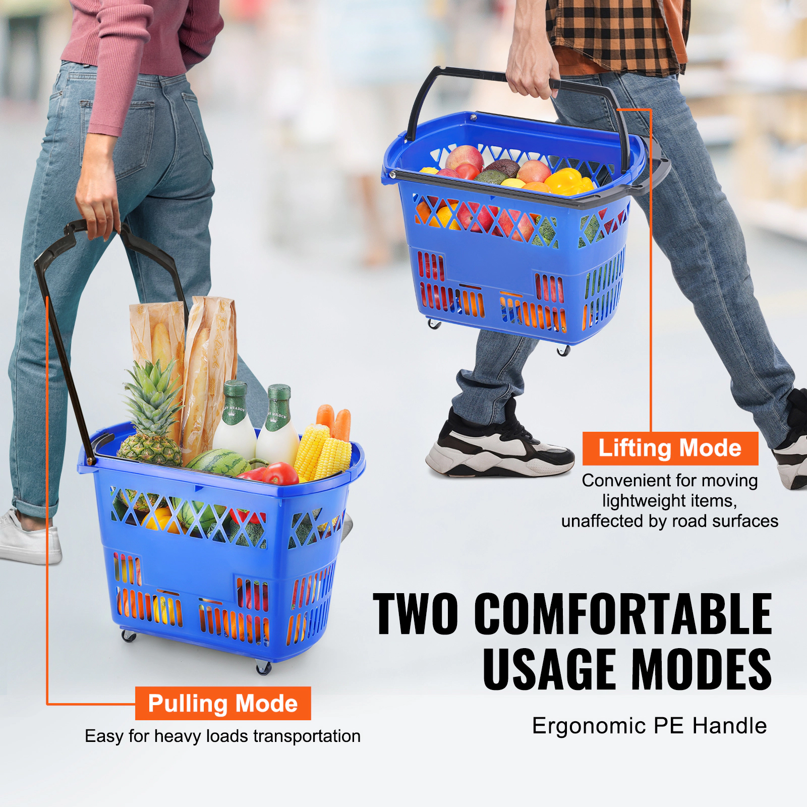 HONGGE Shopping Baskets 6PCS 39L Carts with Handles Plastic Rolling Basket Wheels Large Portable