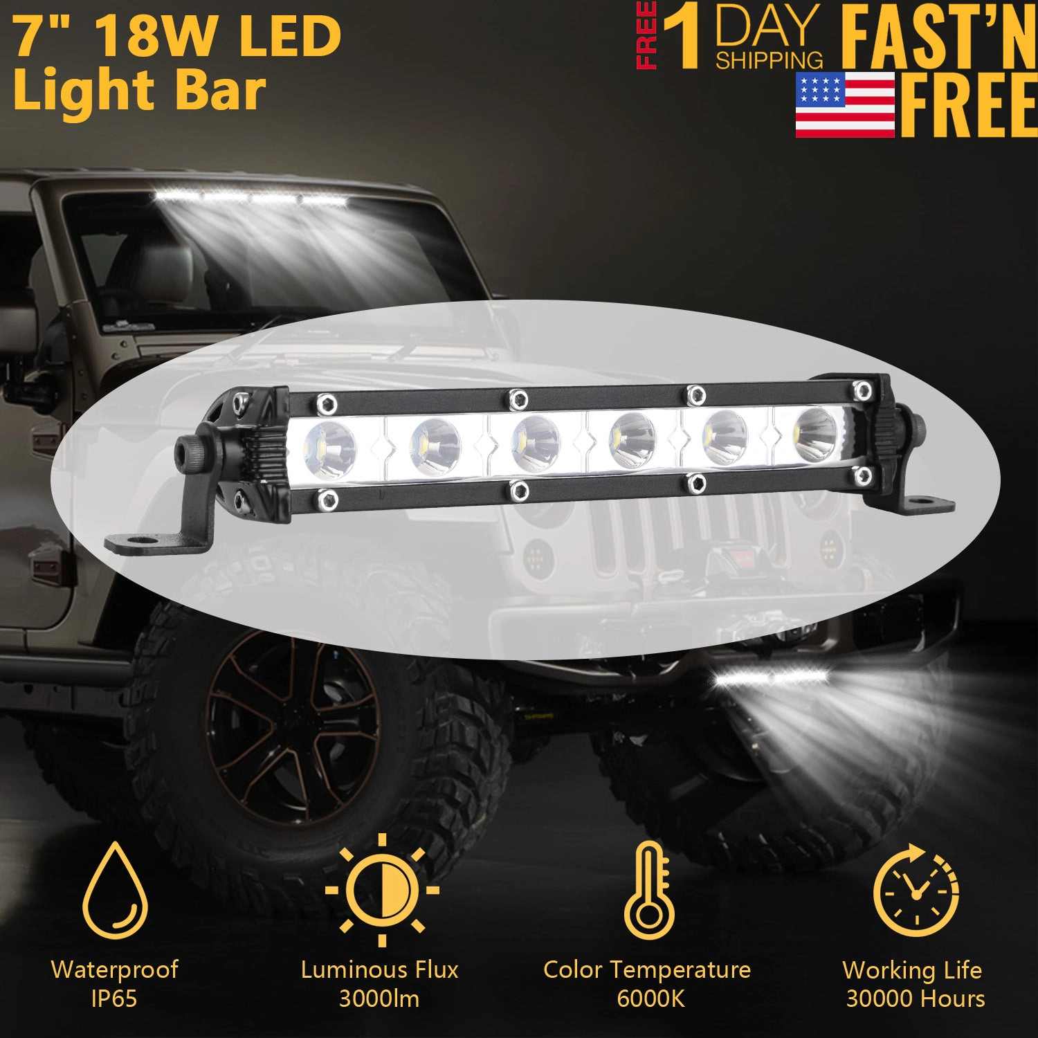 GBruno 7-Inch 18W LED Light Bar For Truck Boat