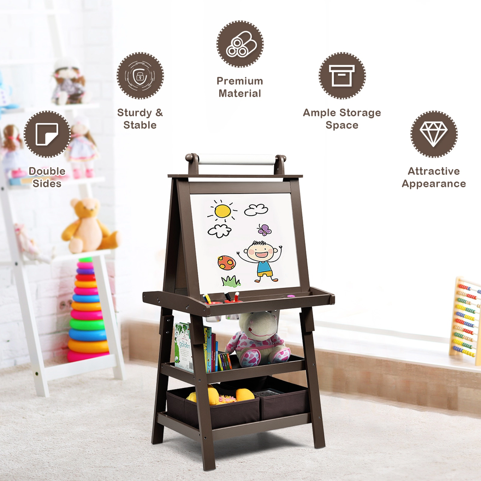 SUGIFT Paper Roll and Storage Bins 3-in-1 Double-Sided Kids Art Easel