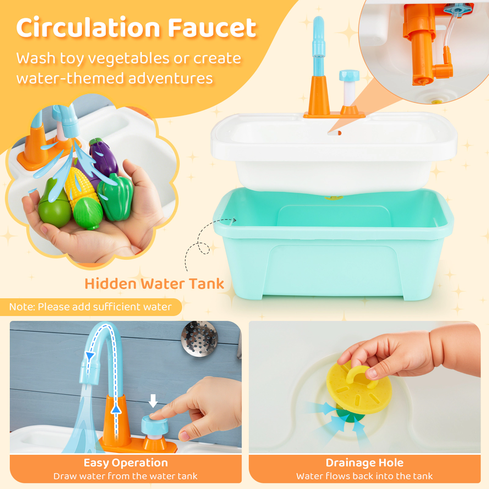 SUGIFT Blue Removable Circulation Faucet and Chalkboard Kids Wooden Toy Kitchen Playset