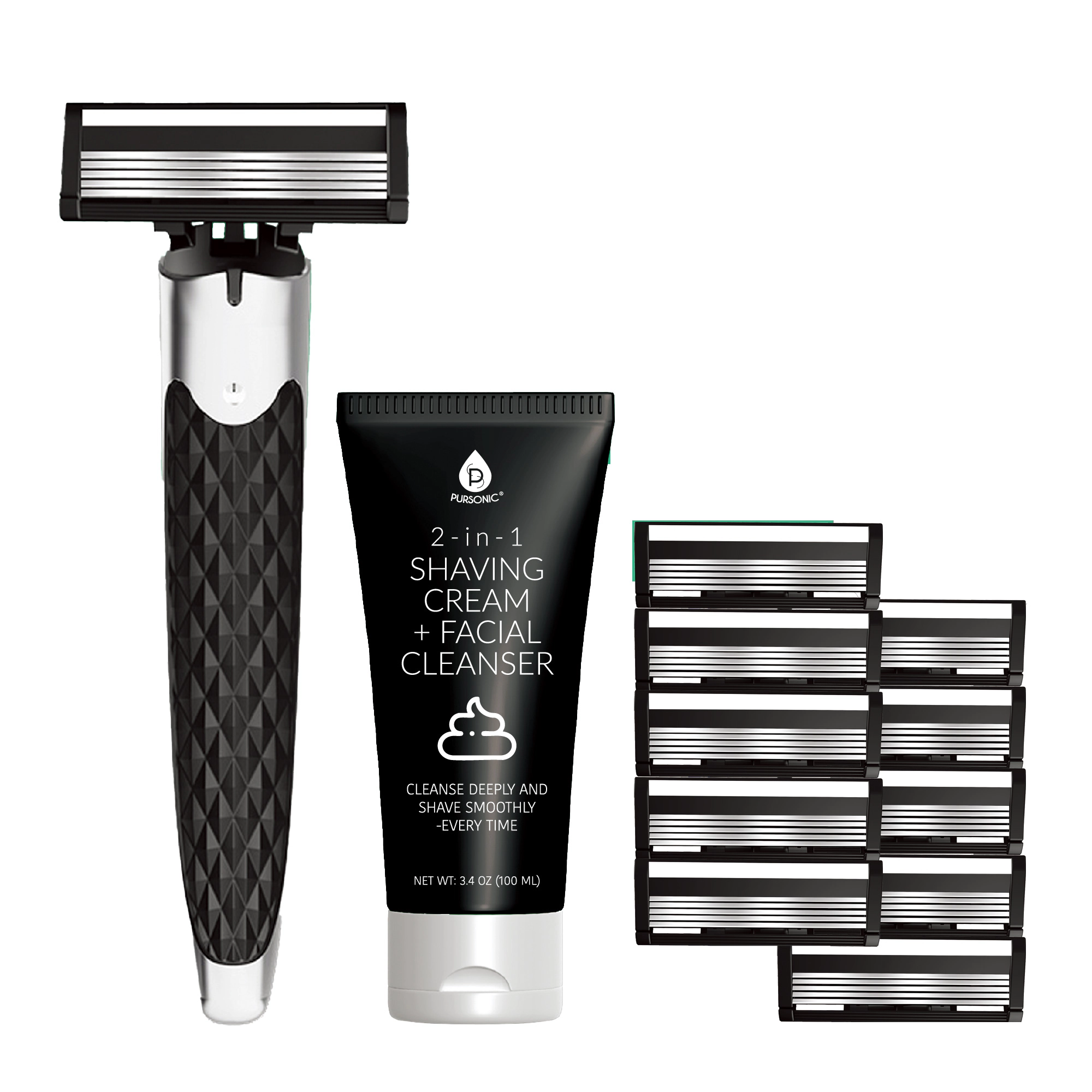 Pursonic Men’s Premium Shaving Kit: Alloy Metal Handle with Complete Grooming Essentials for a Superior Shave
