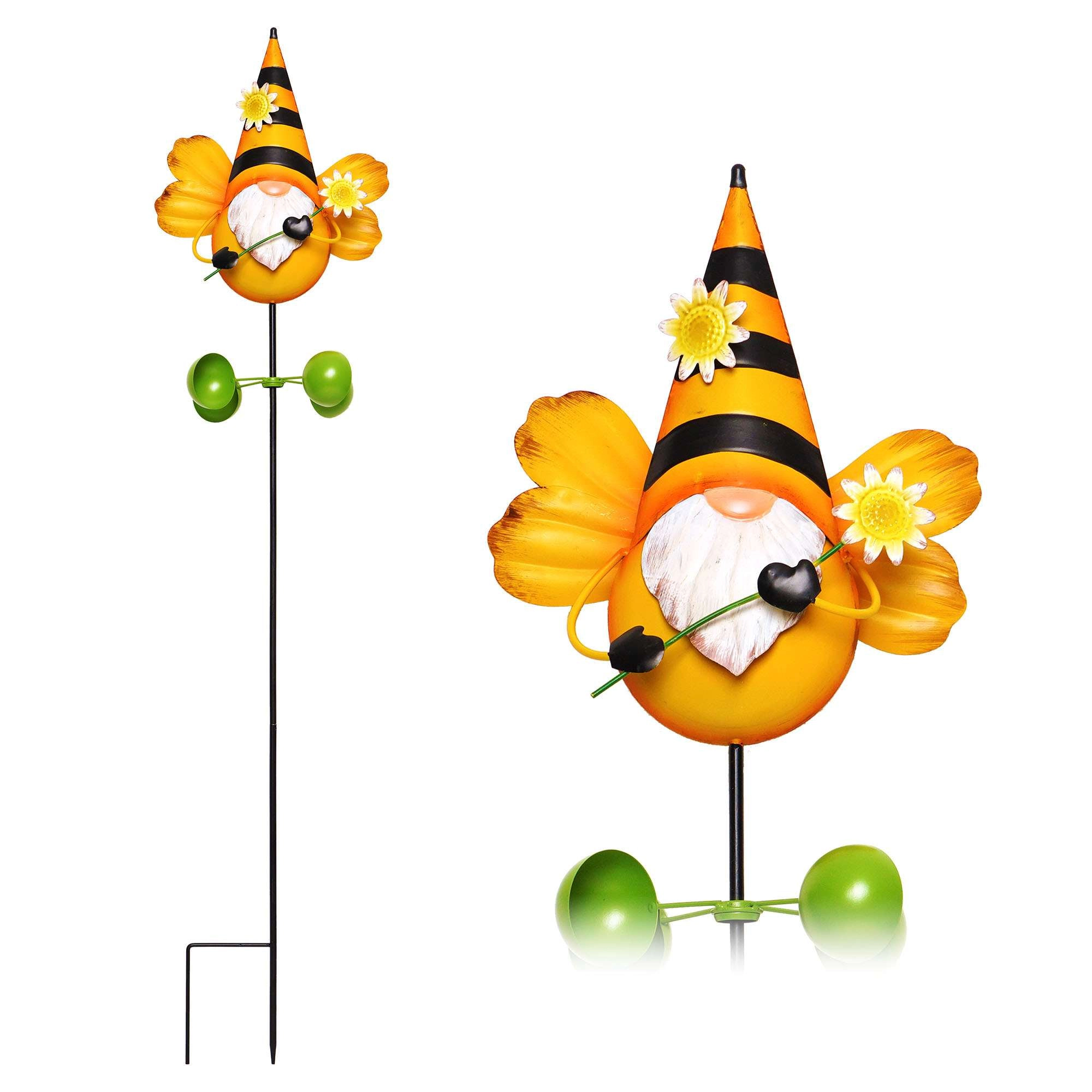 G128 48in Metal Gnome Bee Wind Spinner Stake - 360° Swivel Garden Ornament for Patio Lawn