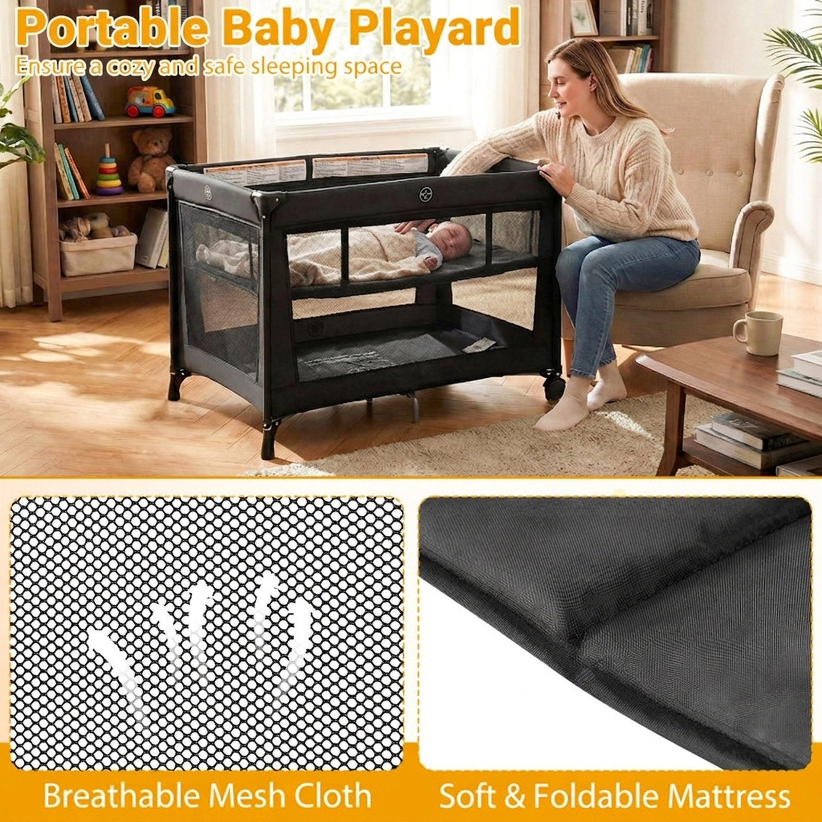 SUGIFT Baby 2-in-1 Bassinet Breathable Mesh Folding Travel Crib Playard 39-in x 27-in x 27.5-in 30-lb Capacity Black