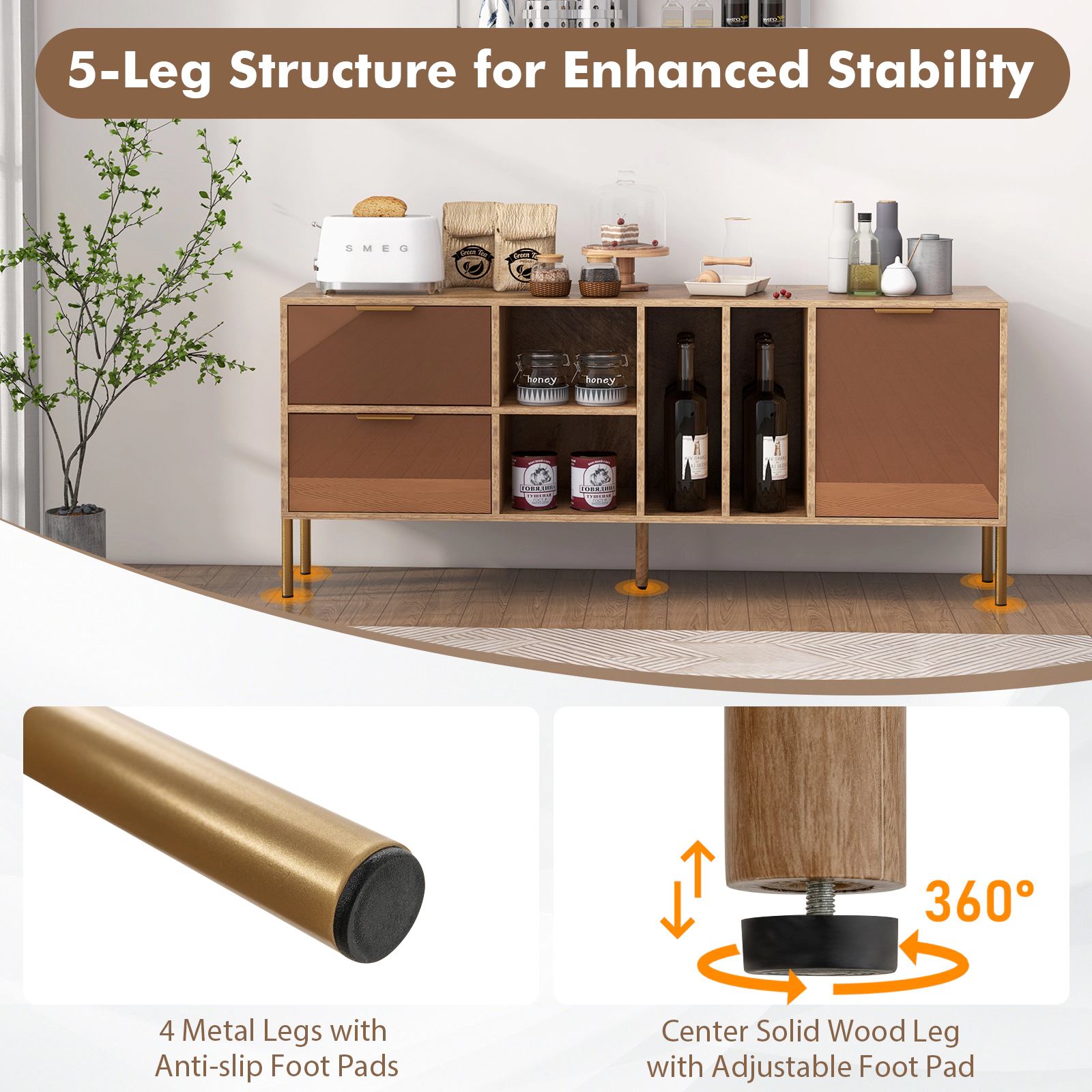 SUGIFT 59-in 180-lb Tabletop Natural Mirrored Buffet Cabinet with 2 Drawers 4 Open Compartments and 1 Door
