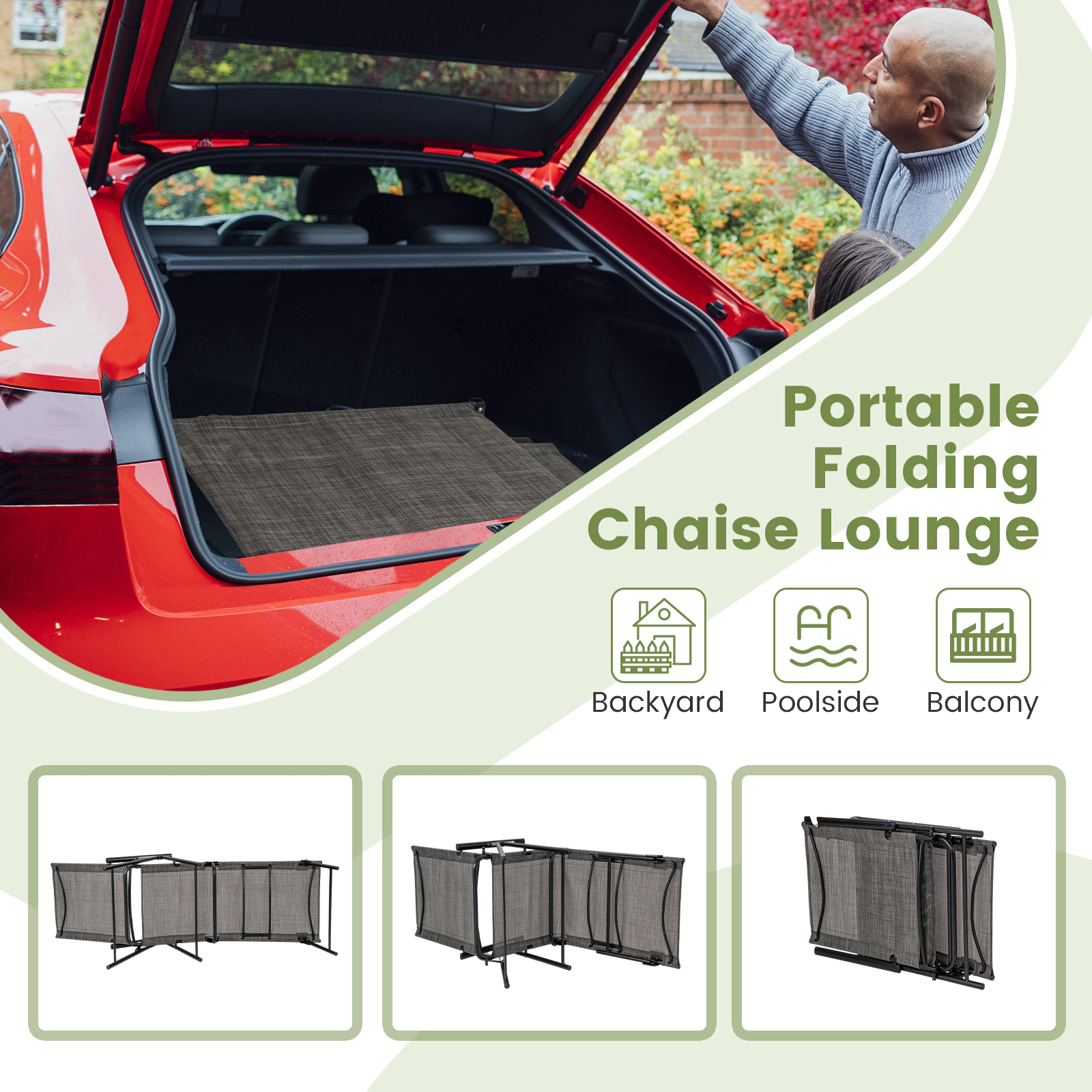 SUGIFT 2-Piece Patio Folding Chaise Lounge Recliners with 6-Level Adjustable Backrest 330-Lb Capacity Coffee