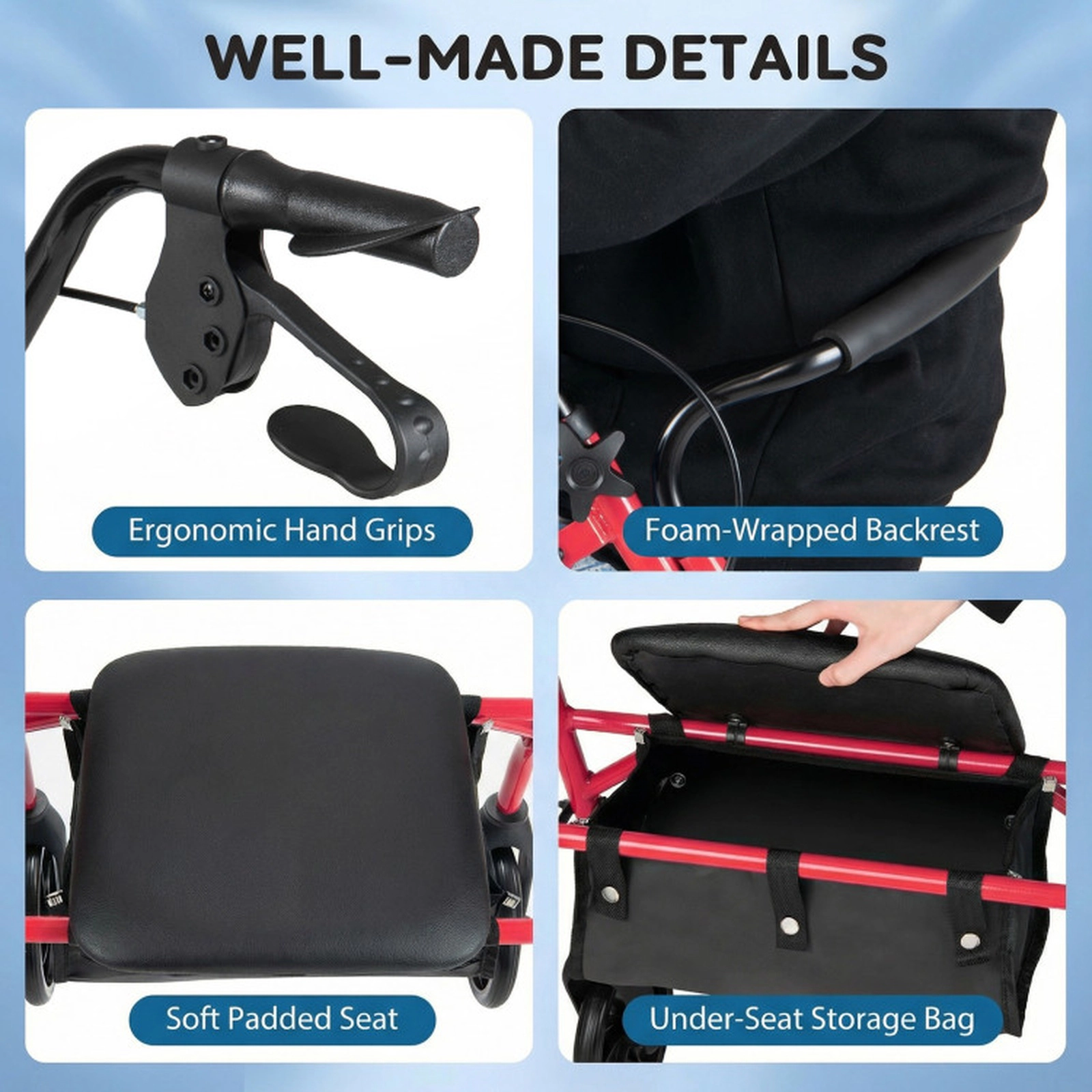SUGIFT Height Adjustable Rollator Walker Folding Chair with Seat and Storage Bag 220-lb Capacity Red