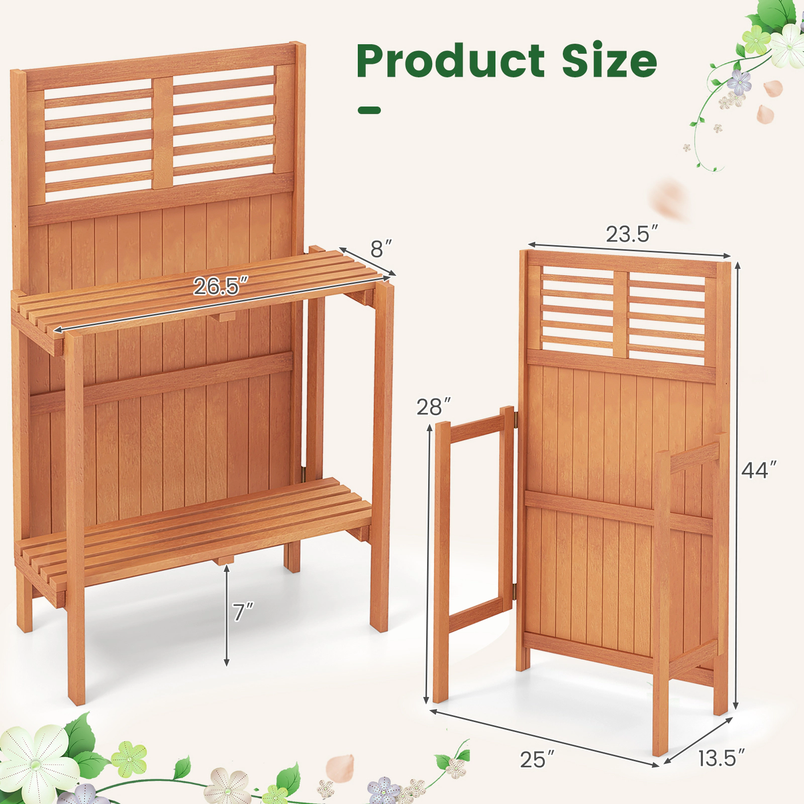 SUGIFT Folding Garden Potting Bench Outdoor Planter Table with 2-Tier Shelves 33-lb Capacity Natural