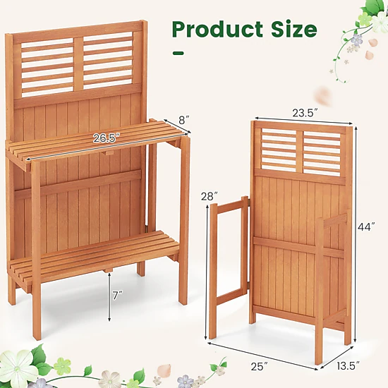 SUGIFT Folding Garden Potting Bench Outdoor Planter Table with 2-Tier Shelves 33-lb Capacity Natural