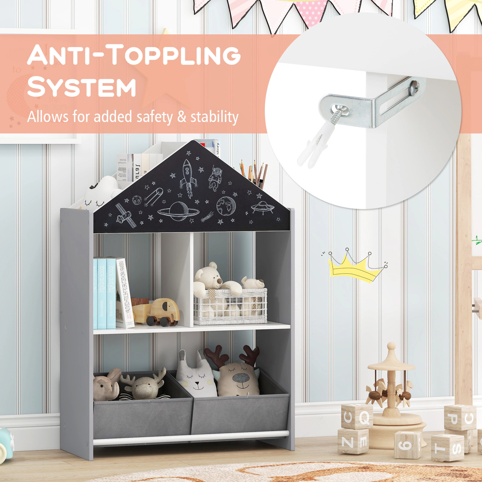 SUGIFT 35.5-in Playhouse Kids Bookshelf and Toy Storage Organizer with Chalkboard Whiteboard and Anti-Tipping Device
