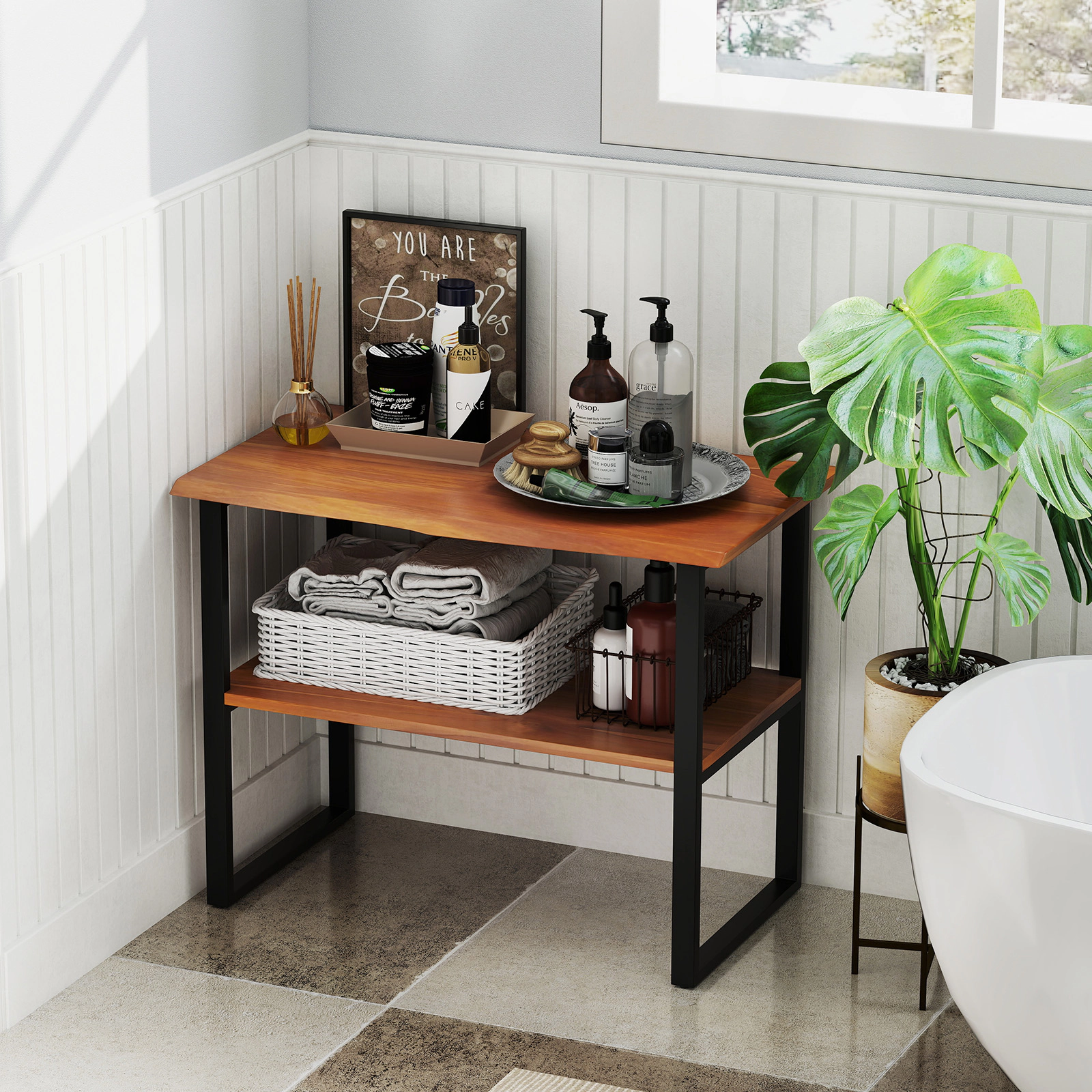 Glintex 2-Tier Solid Teak Wood Console Side Table with Open Shelves, Natural