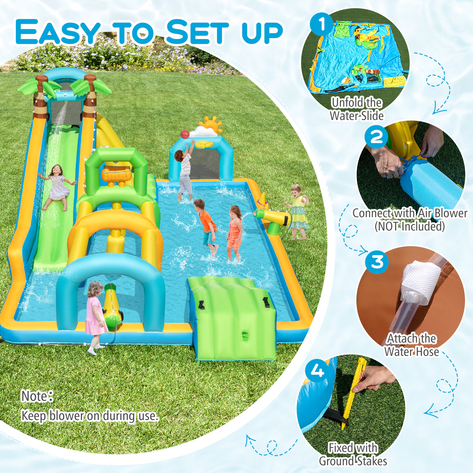 SUGIFT Tropical Inflatable Water Slide Aqua Park with Dual Slides Obstacle Tunnel and Splash Pool