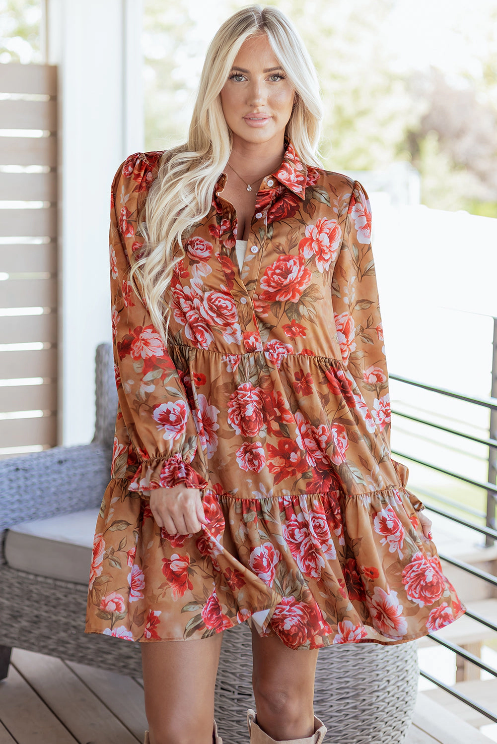 Threaded Pear Women's Maddie Ruffle Mini Dress Long Sleeve Top