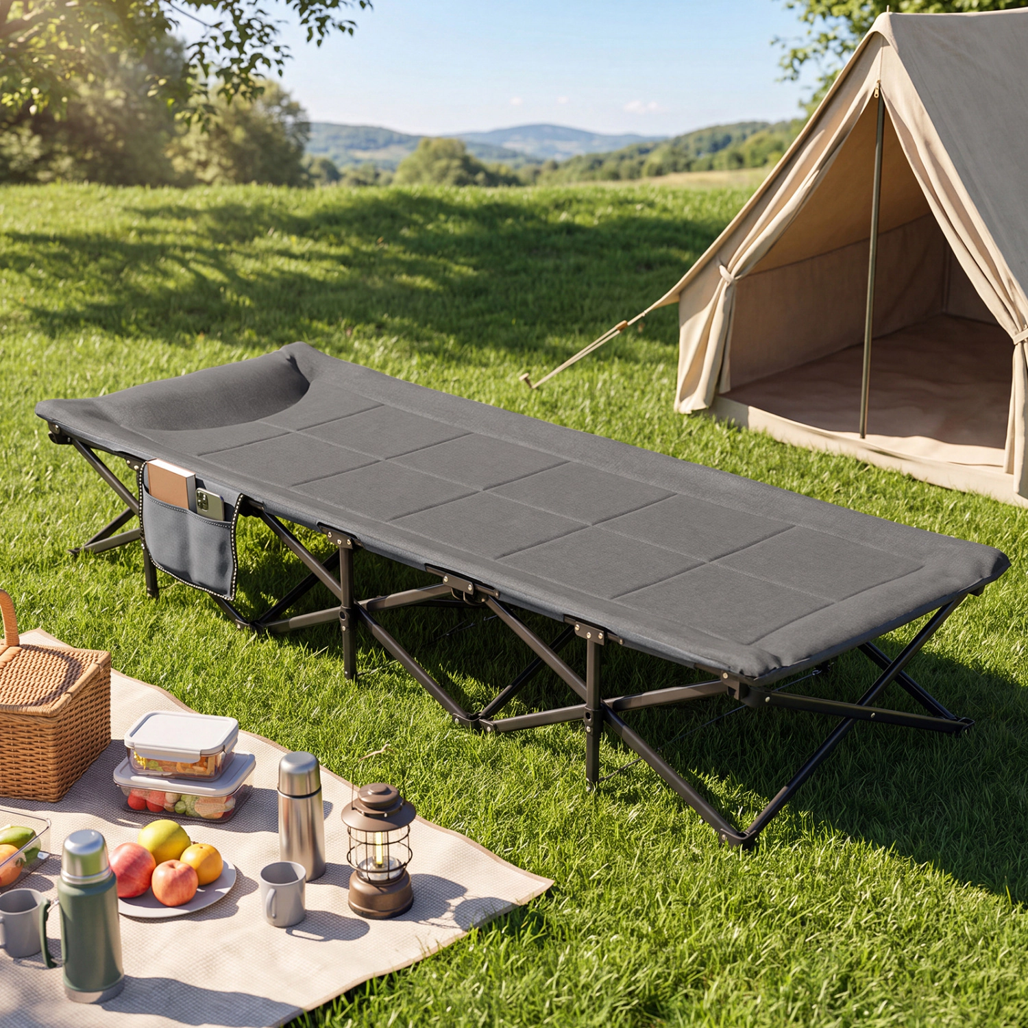 LJG Camping Cot with Padded Pillow and Storage Pouch for Camping Travel
