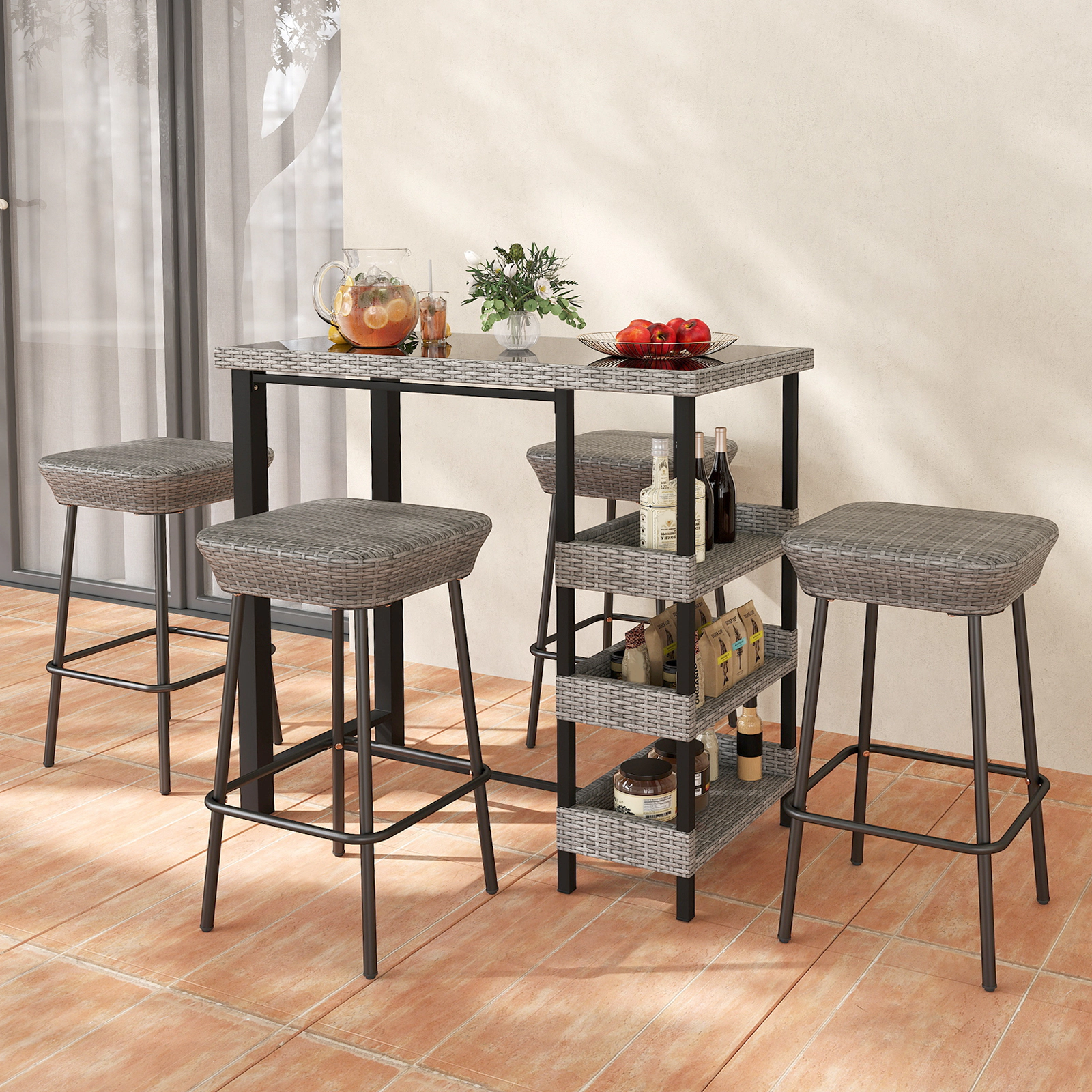 SUGIFT 43.5-in Mix Gray Rattan Bar-Height Outdoor Patio Table with Tempered Glass Top and 3 Shelves