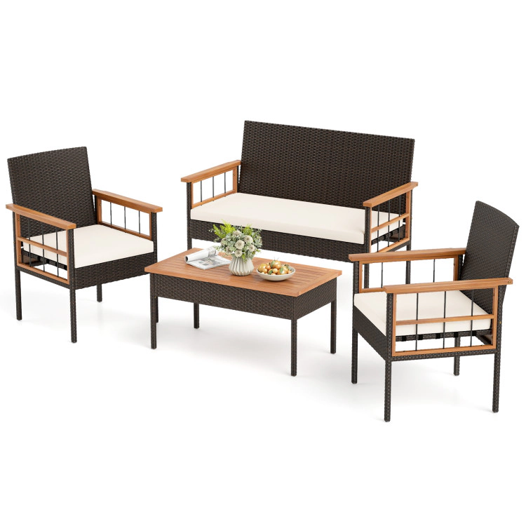 Hivvago 4 Pieces Wicker Furniture Set With Acacia Wood Tabletop And Armrests For Porch