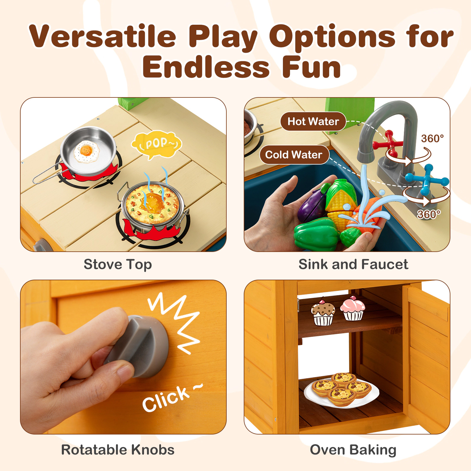 SUGIFT Orange Removable Sink and Oven Outdoor Kids Wooden Mud Kitchen Playset