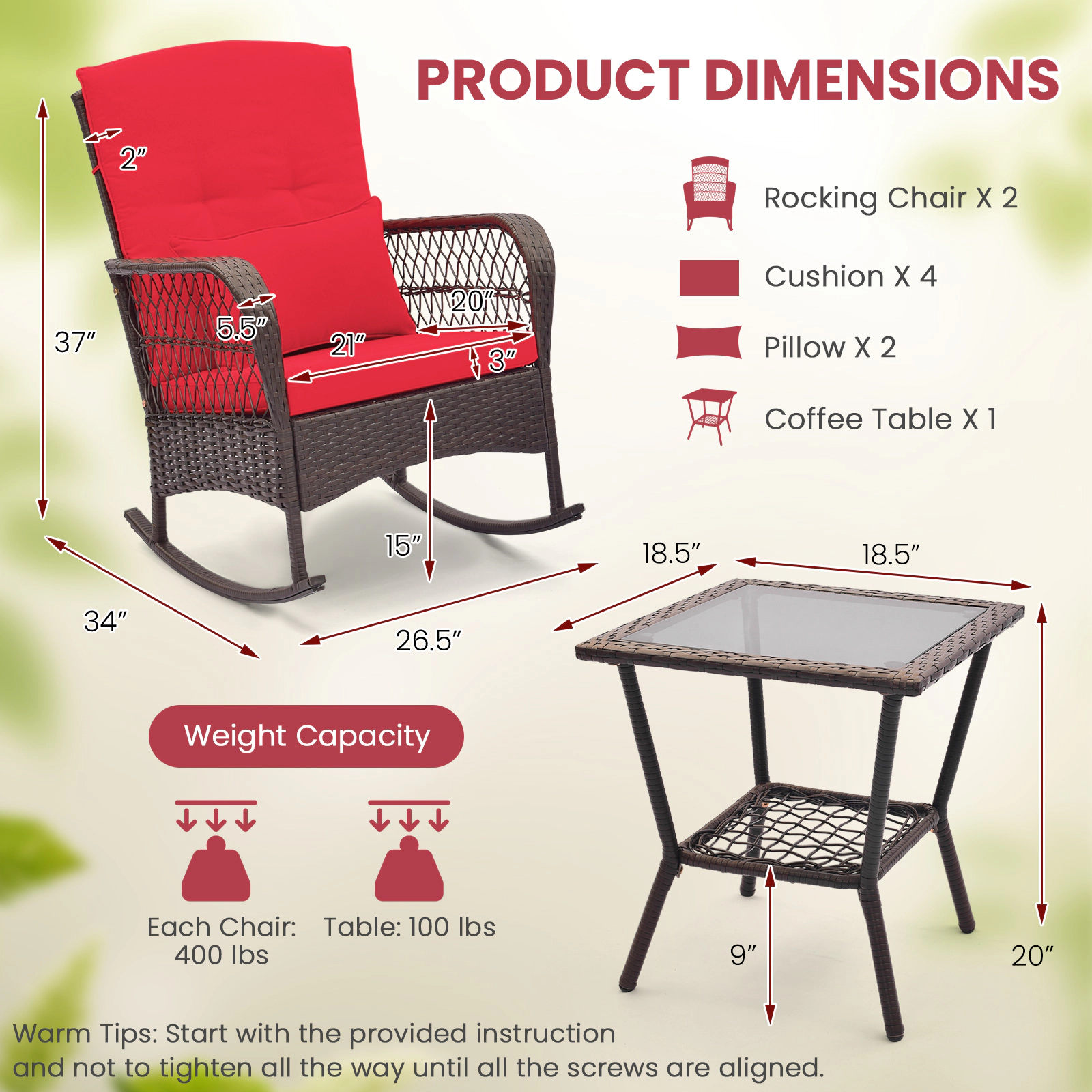 SUGIFT 3-Piece Rocking Bistro Conversation Set 2-Tier Coffee Table 440-lb Rocker Capacity Mix Brown Rattan Red Cushions