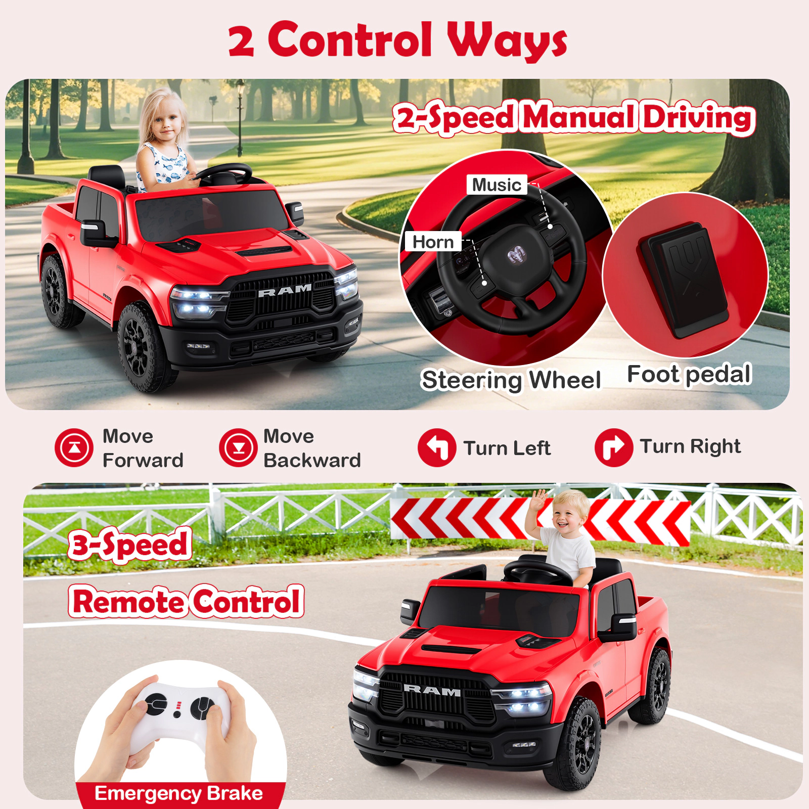 24V 2-Seater Kids Ride On Truck Parent Remote 3 Speeds 4-Wheel Spring Suspension Rear Trunk LED Lights Ages 3-8 Red