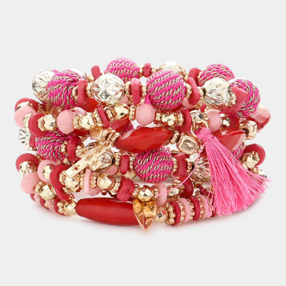 FASHNZFAB 7PCS - Wrapped Tassel Arrow Ammonite Cross Charm Stretch Multi Layered Bracelets